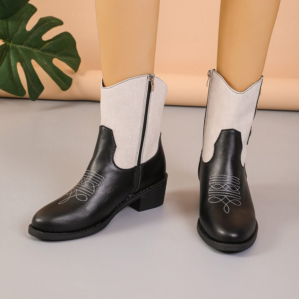 New Denim Patchwork Western Cowboy Boots Women Autumn