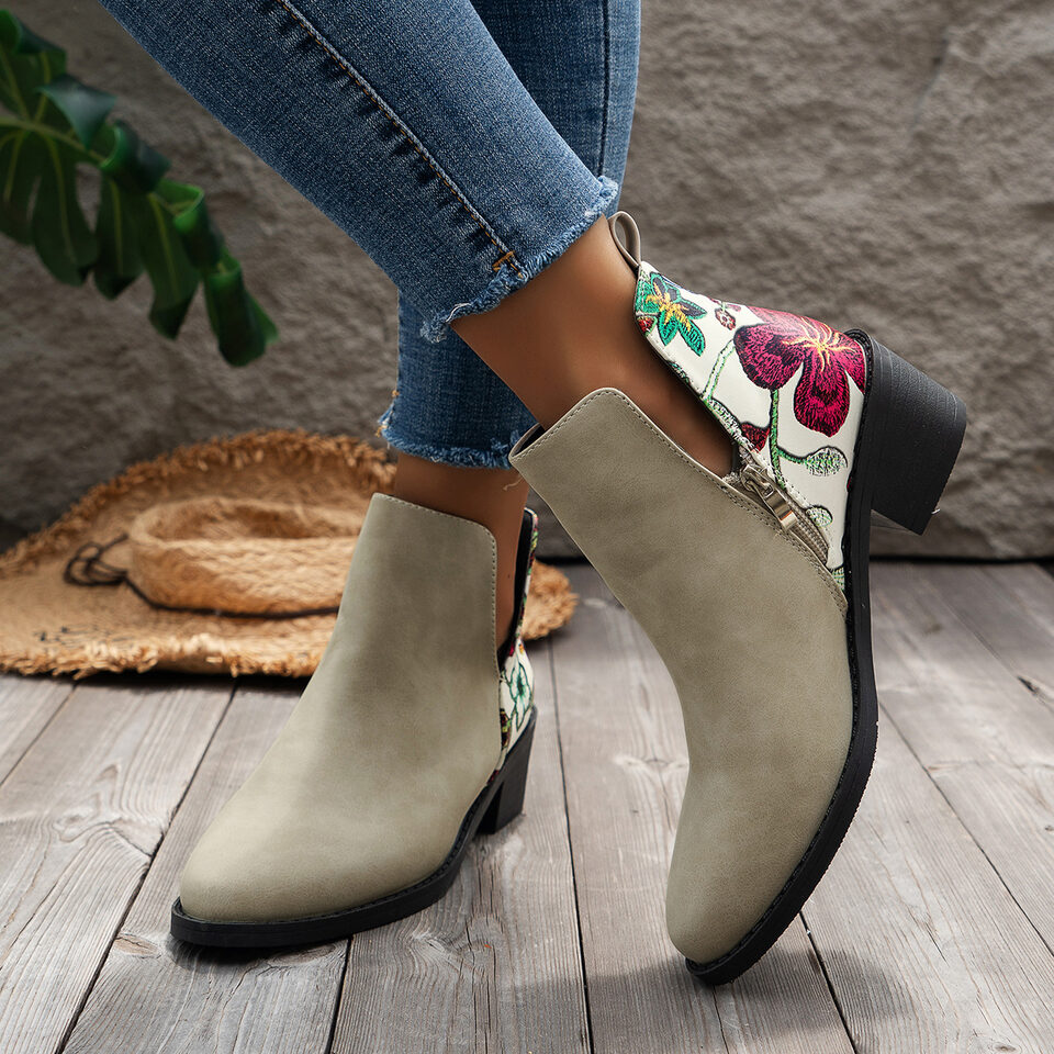 Flowers Printed Ankle Boots Fashion Side Zipper V-cut