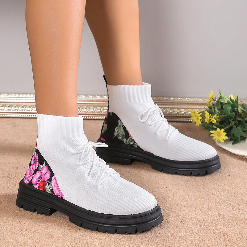 Flowers Print Sock Boots Knitted Mesh Shoes Breathable