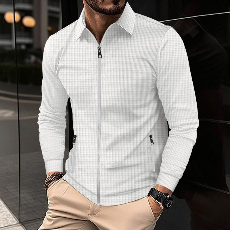 Waffle Lapel Zipper Jacket Long Sleeve Outer Clothing