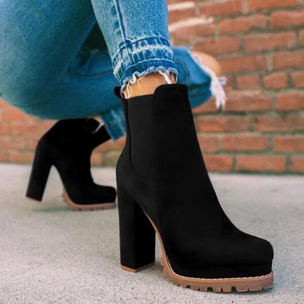Round-toe Ankle Boots Solid Leopard Print Thick Square