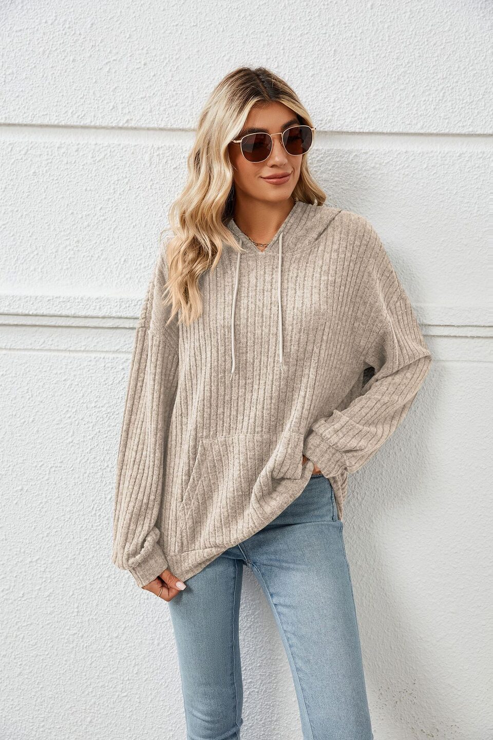 Knitted Sweater With Hooded Pit Stripe Kangaroo Pocket