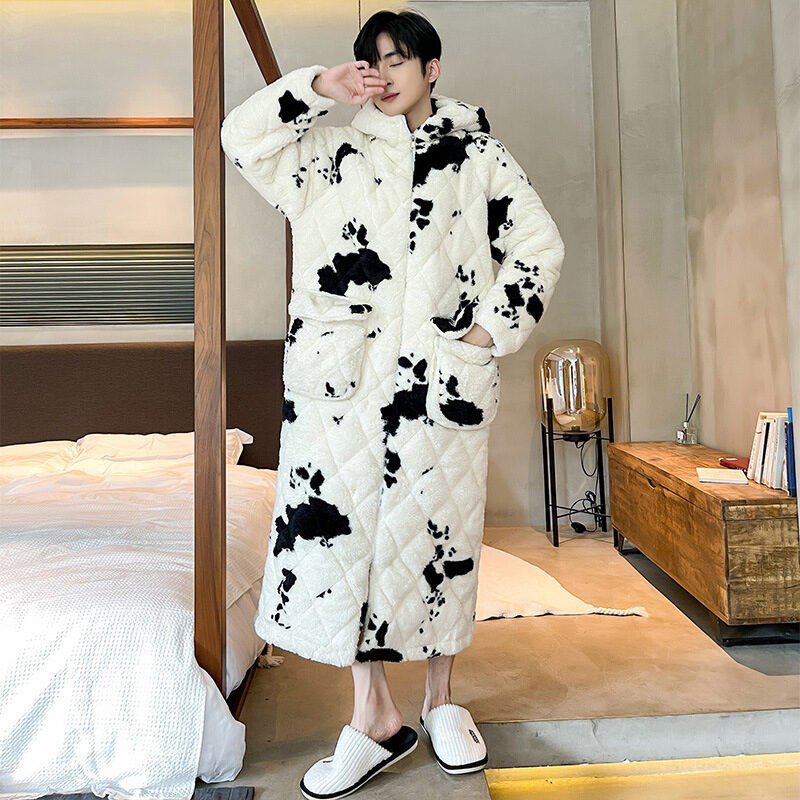 Winter Men's Quilted Cow Pajamas Thick Coral Fleece