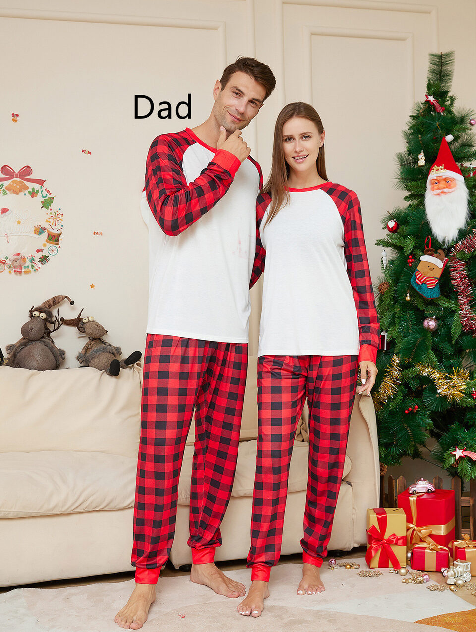Christmas Solid Color Plaid Printed Parent-child Homewear Suits