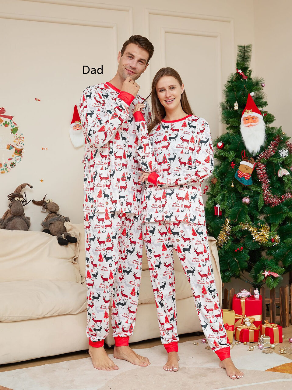 Cartoon Flower Deer Print Parent-child Christmas Pajamas Home