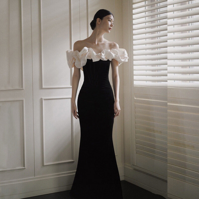 French Satin Evening Dress New Bridal Off-shoulder Elegant