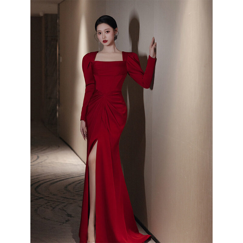 Bride Fishtail Square Collar Long Sleeve Design Simple