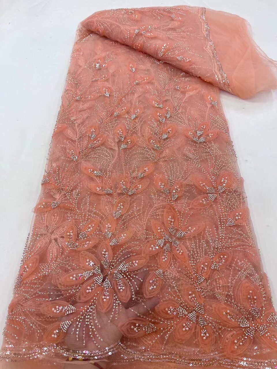 Ribbon Flower Beaded Tulle Lace Fabric Cocktail Party