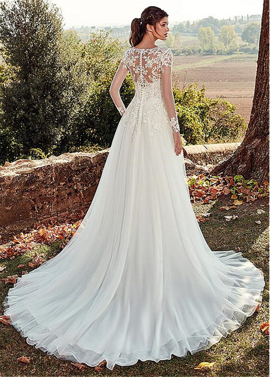 High U-neck Lace Long Sleeve A- Line Tail