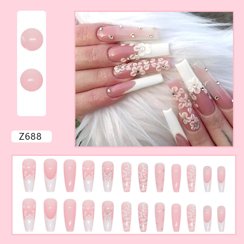 Long Ballet Diamond French Fake Nails