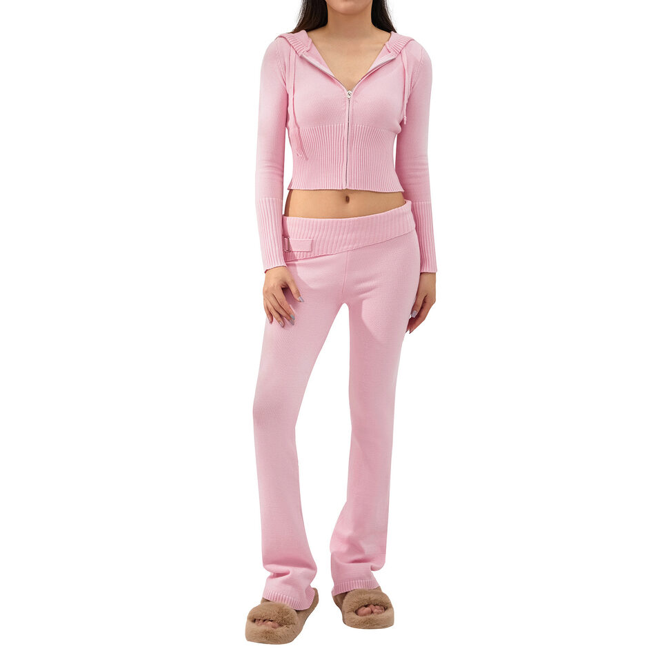 2pcs Knitted Hooded Suits Women's Long-sleeved Cardigan