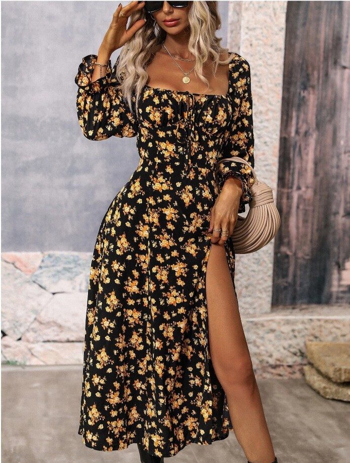 Flowers Printing Long Sleeve Dress Fashion Square-neck Bottom