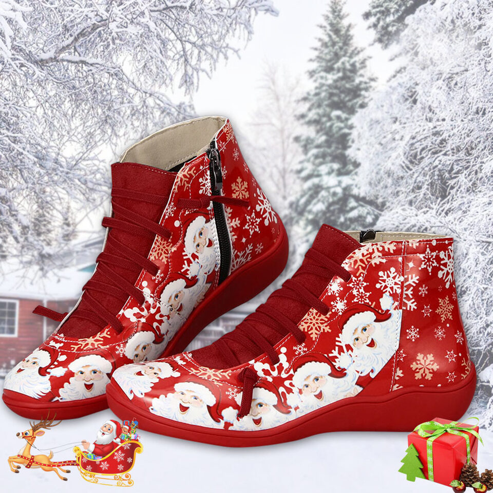 Christmas Ankle Boots Women Santa Claus Snowflake Print