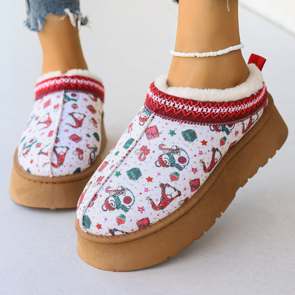 Women's Cartoon Christmas Print Ankle Boots Casual Slip