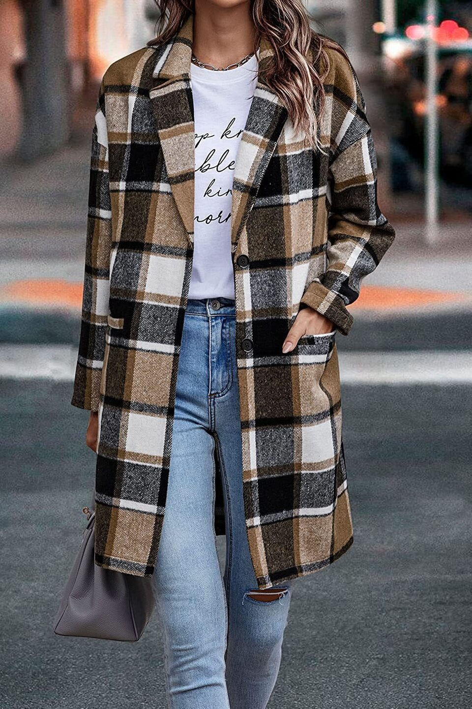Fashion Plaid Long Jacket With Pockets Autumn