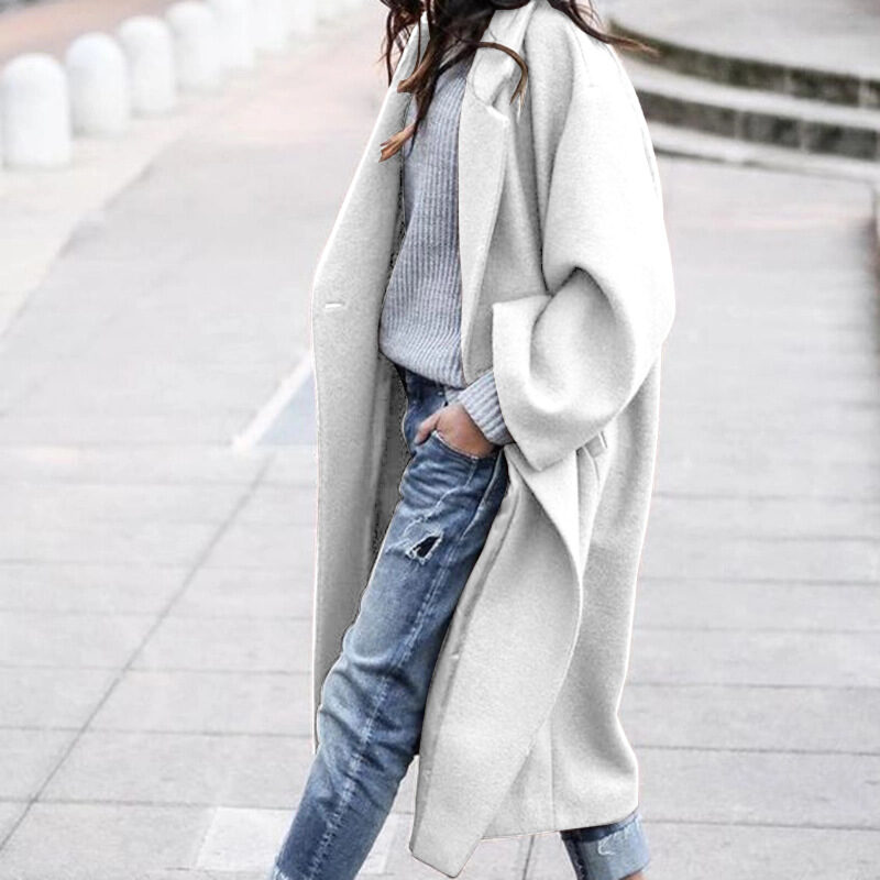 Casual Long Jacket With Pockets Solid Color Single
