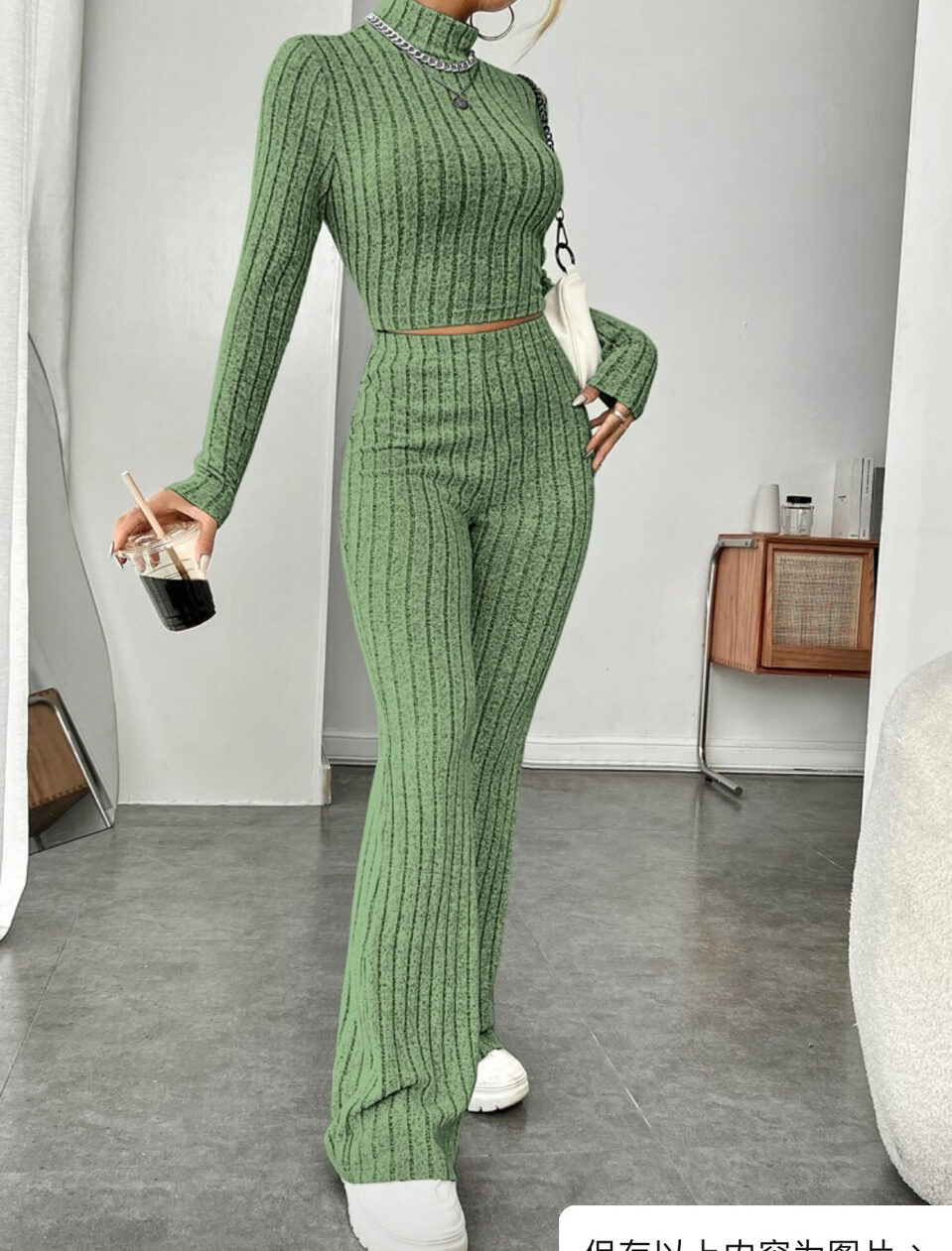 Long Sleeve Turtlenecks Wide Leg High Waist Trousers