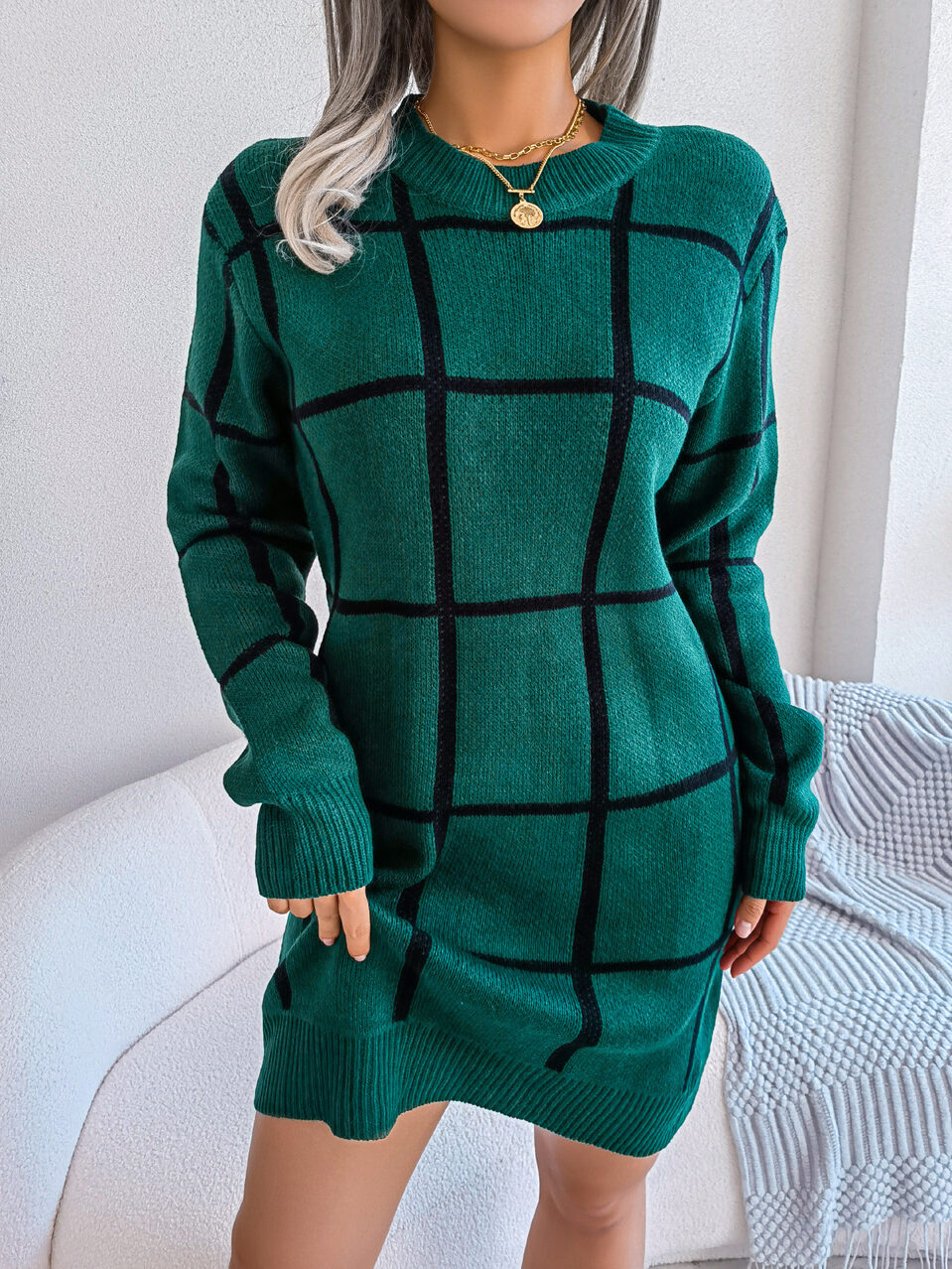 Casual Contrast Color Plaid Long Sleeve Base Sweater