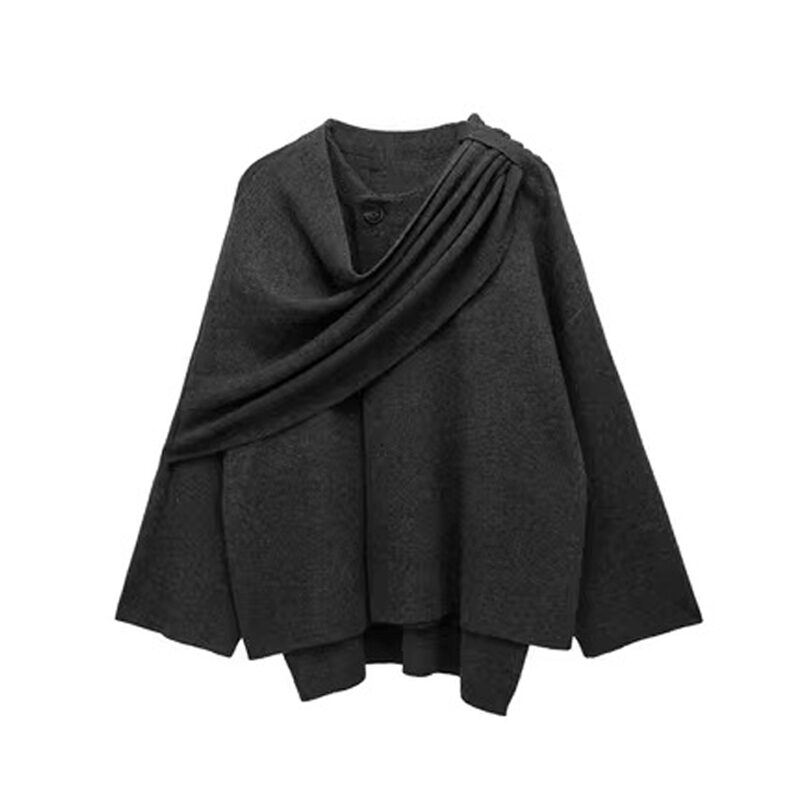 Solid Knitted Cardigan With Asymmetrical Scarf Design Fashion