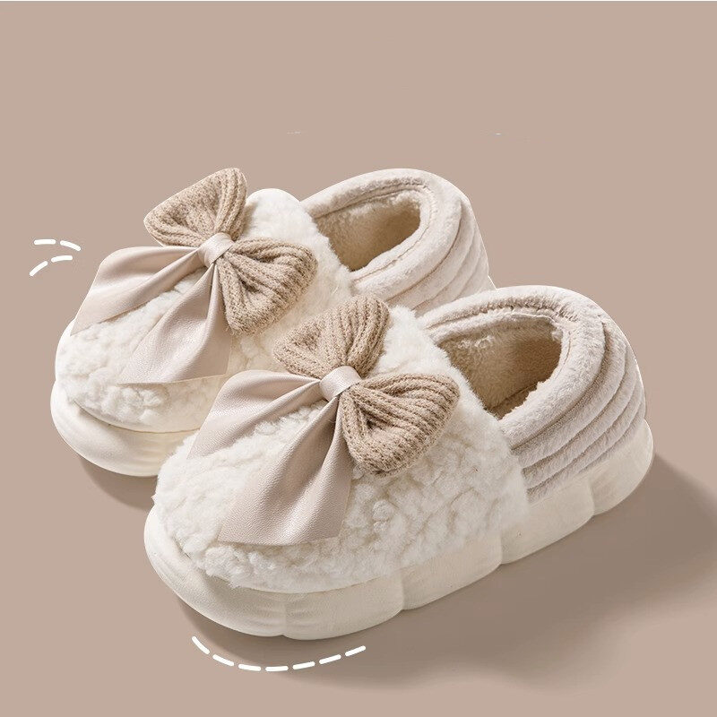 Big Bow-knot Fluffy Slippers Winter Warm Covered Heel