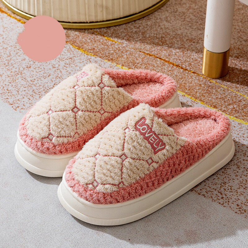 Thick-soled Non-slip Fluffy Slippers With Rhombus Pattern Design
