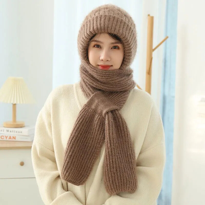 Women's Fleece-lined Scarf And Hat Winter Warm Knitted