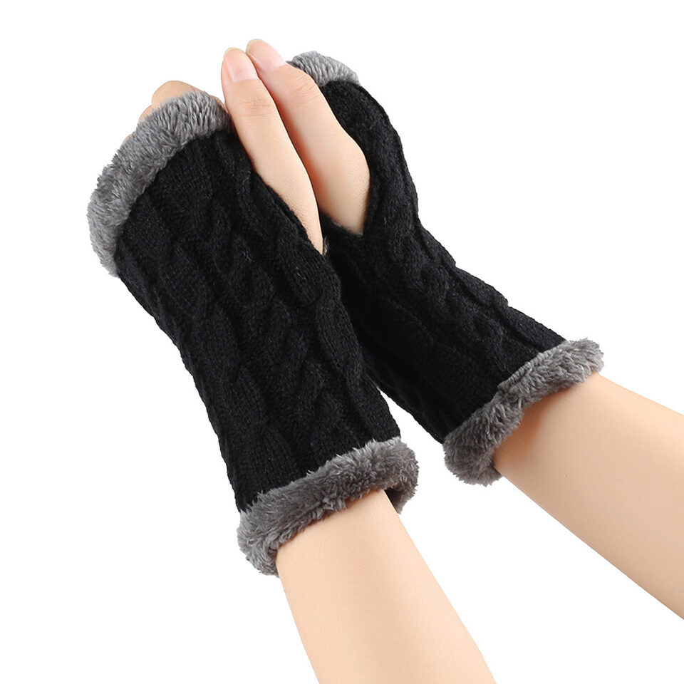 Winter Plush Gloves Twist Knitted Fingerless Fleece Women