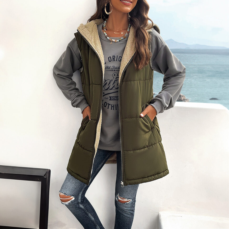 Winter Vest Women Loose Commuting Mid-length Hooded Cotton