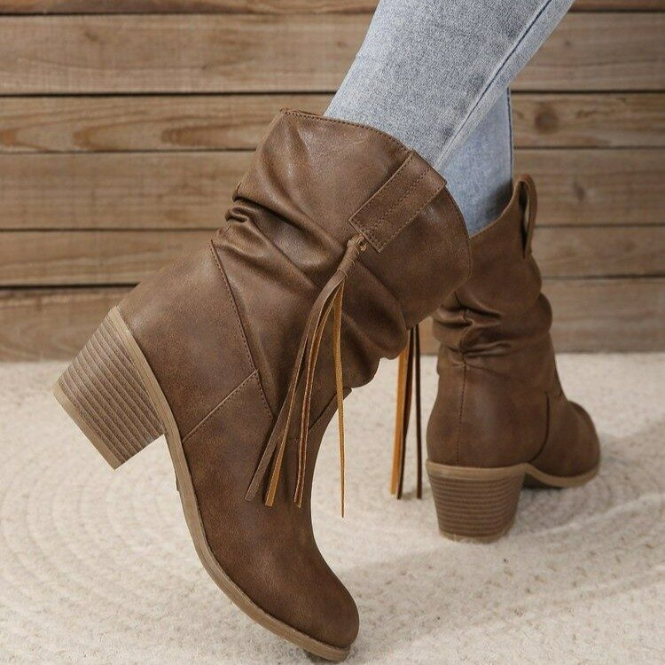 Retro Tassel Boots Winter Thick Square Heel Mid-calf