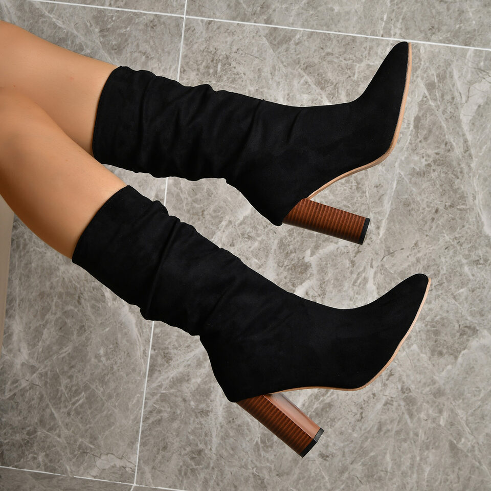 Pointed Toe High Block Heels Boots Woman Winter