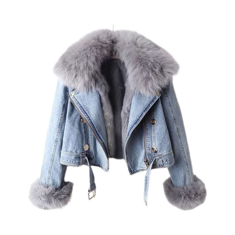 Detachable Fox Fur Rabbit Liner Denim Coat