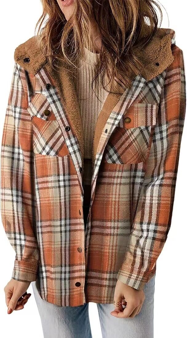 Casual Plaid Hooded Woolen Coat Thickened Fleece-lined Warm