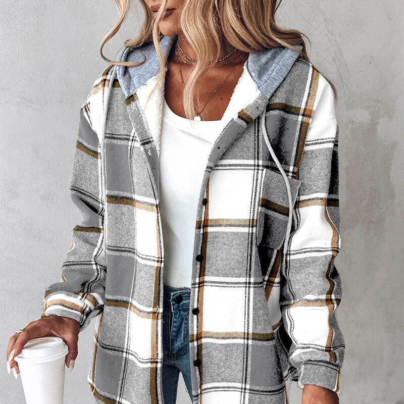Plaid Hooded Jacket Fashion Casual Button Pocket Coat