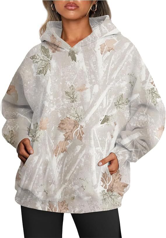Women's Camouflage Hoodie Maple Leaf Print Oversized Sports