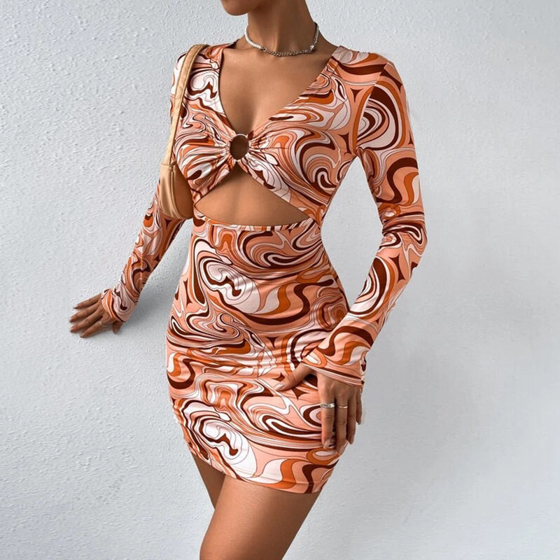 Sexy Long Sleeve Printed Hollow Out V-neck Slim