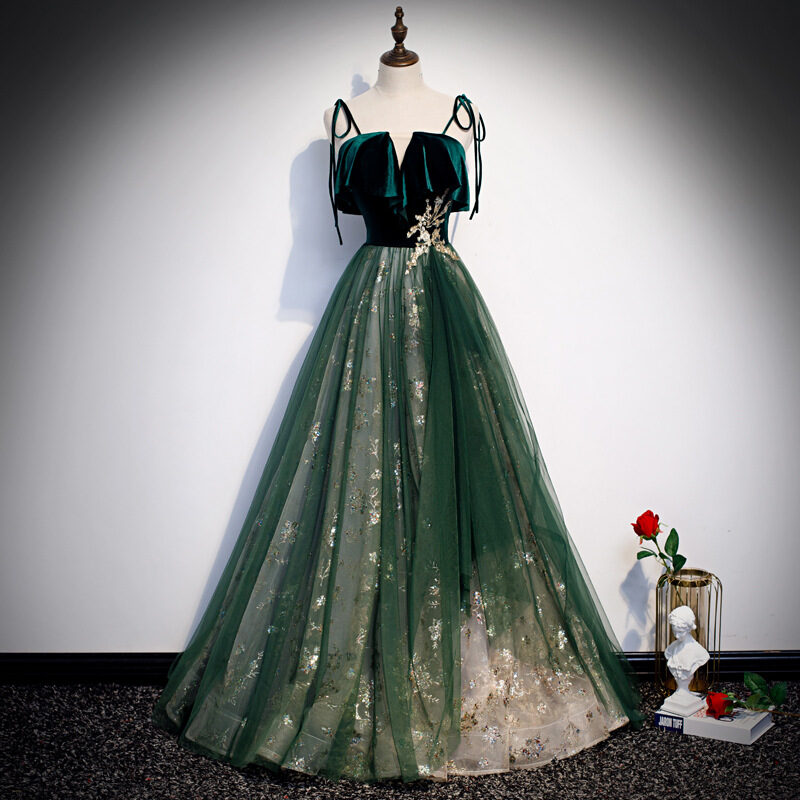Banquet Sling Temperament Long Dress Dark Green Fantasy