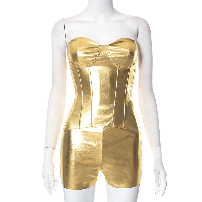Faux Leather Metallic Body Shaping Tube Top Casual