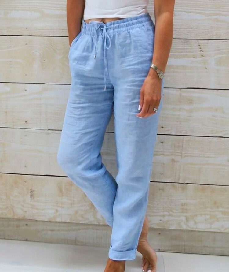 Cotton And Linen Women's High Waist Elastic Solid