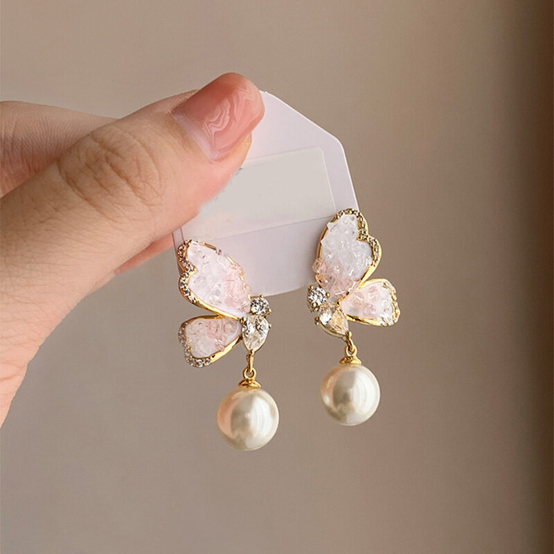 Gradient Butterfly Pearl Earrings With Rhinestones Luxury Personalized