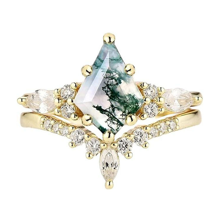 2pcs Fashion Rings Natural Green Moss Stone Agate