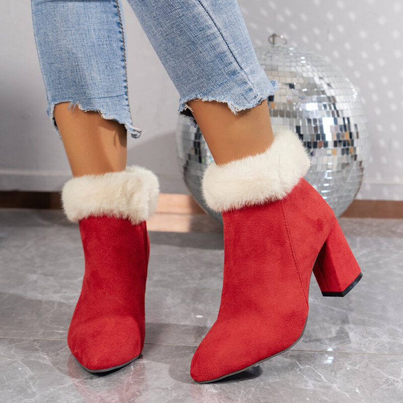 New Plaid Print Plush Ankle Boots Winter Fashoin