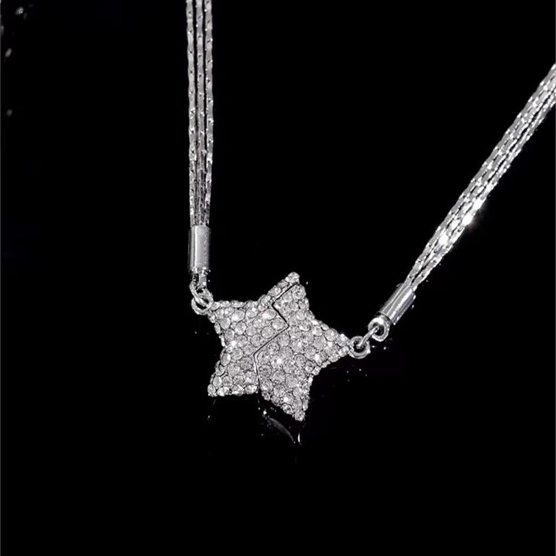 Magnetic Five-pointed Star Necklace With Rhinestones Stainless Steel