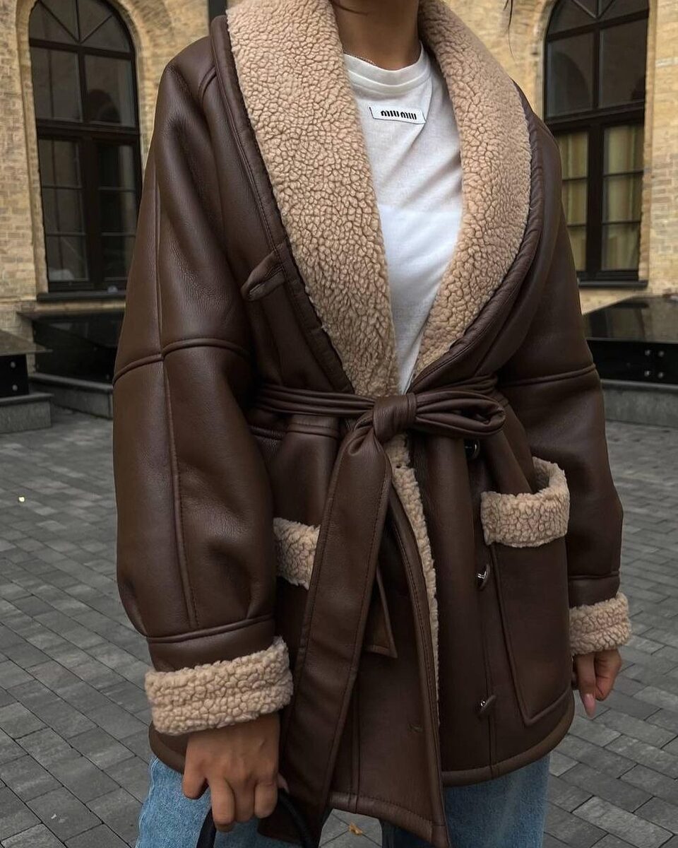 Leather And Fur Korean Style Long Sleeve Splicing
