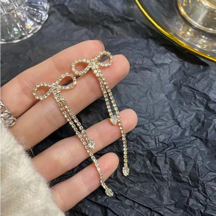 Fashion Jewelry Silver Needle Long Bow Tie Full-jeweled