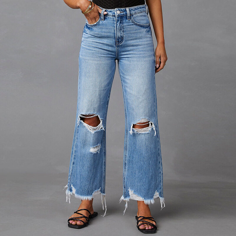 European And American Water Washed Hole High Waist