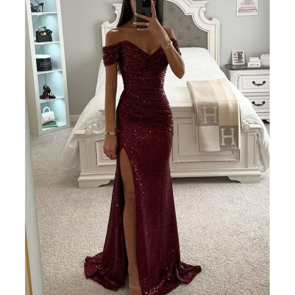 Party Sequins Off-neck Split Dress INS Casual Fashion