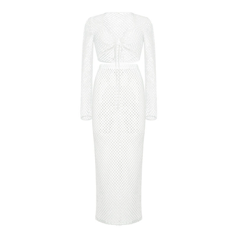 Lace Mesh Long Sleeve Narrow Casual Knitted Maxi