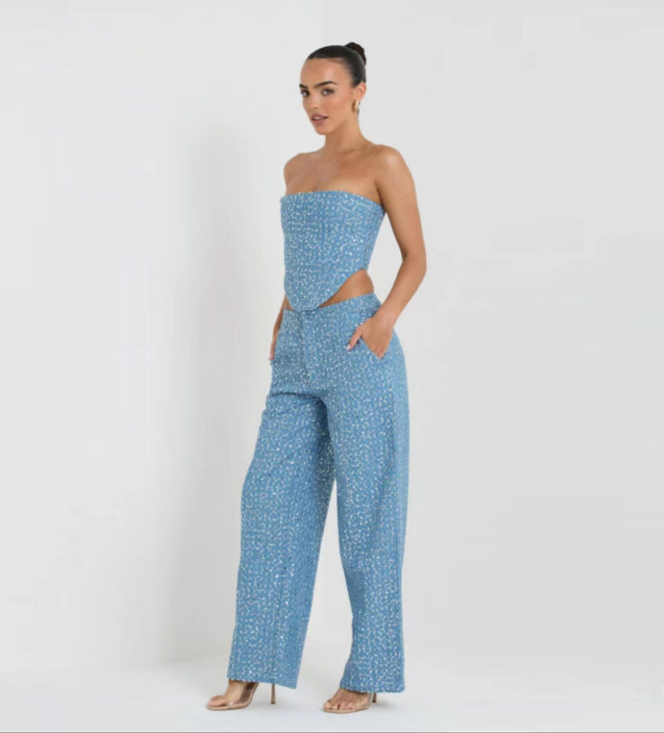 Fashion Denim Sequined Tube Top Wide Leg Pants