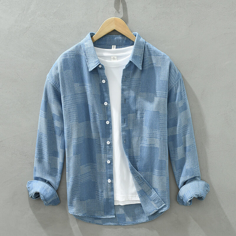 Jacquard Color Matching Casual Denim Long-sleeved Shirt Men's