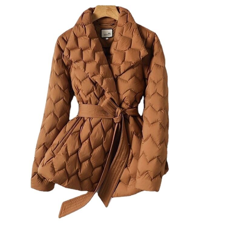 Winter Ripple-stitching Jacket With Belt Fashion Warm Pockets